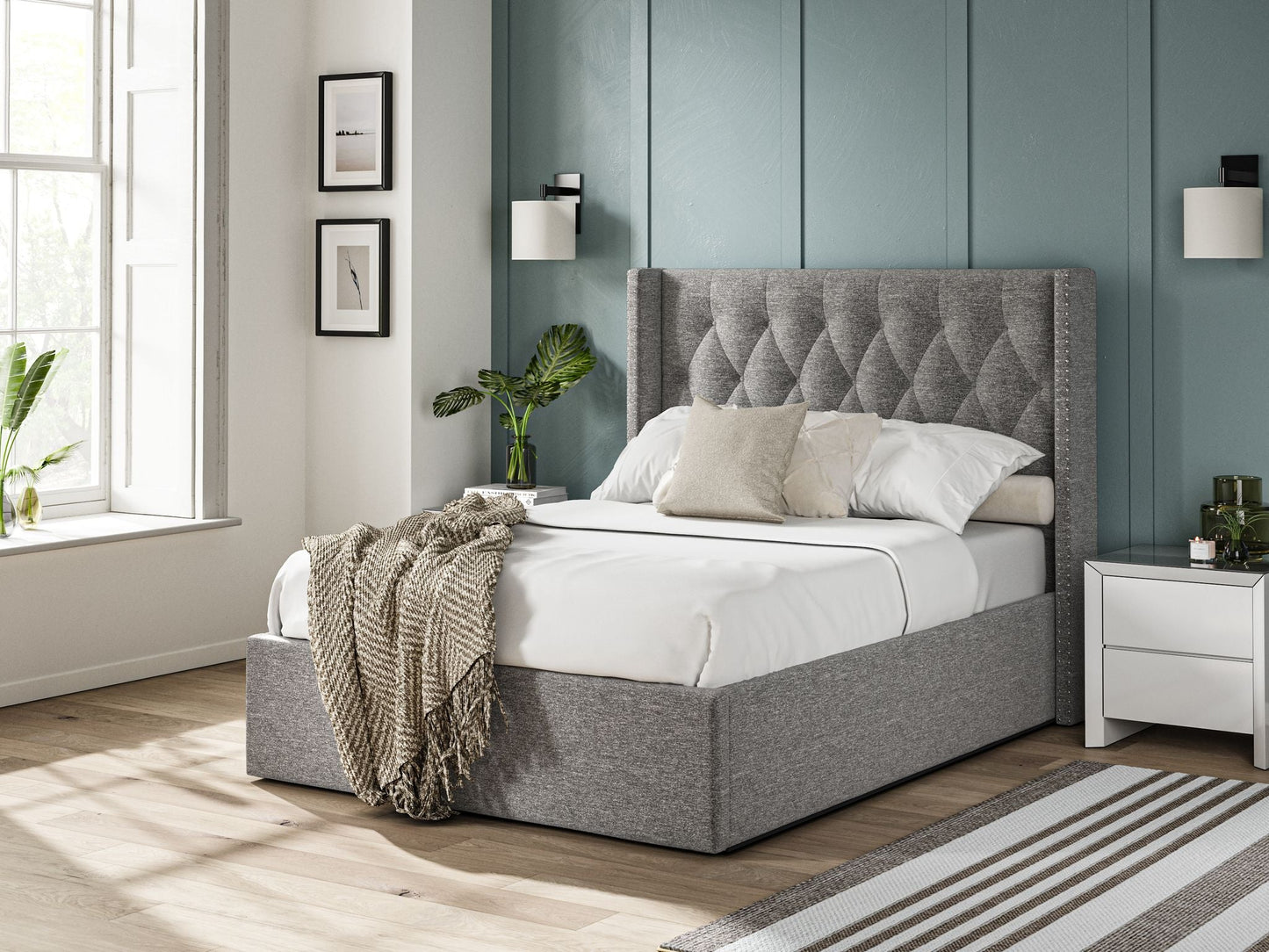 The Bed Collection Sleigh Dark Grey Linen Ottoman Bed Frame