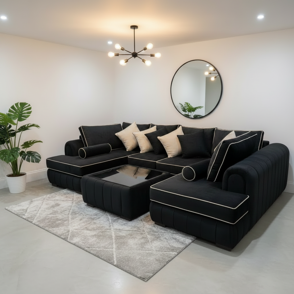 Lilly U Shape Sofa with Free Glass Coffee Table | Modern Velvet U Shaped Sofa with White Trims, Deep Cushioned Seating | Modern Living Room Furniture