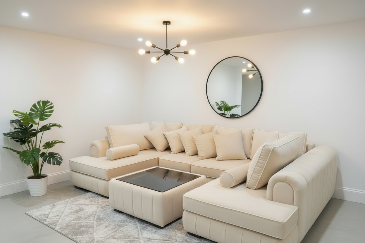 Lilly U Shape Sofa with Free Glass Coffee Table | Modern Velvet U Shaped Sofa with White Trims, Deep Cushioned Seating | Modern Living Room Furniture