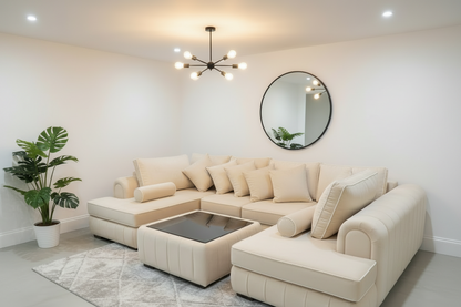 Lilly U Shape Sofa with Free Glass Coffee Table | Modern Velvet U Shaped Sofa with White Trims, Deep Cushioned Seating | Modern Living Room Furniture