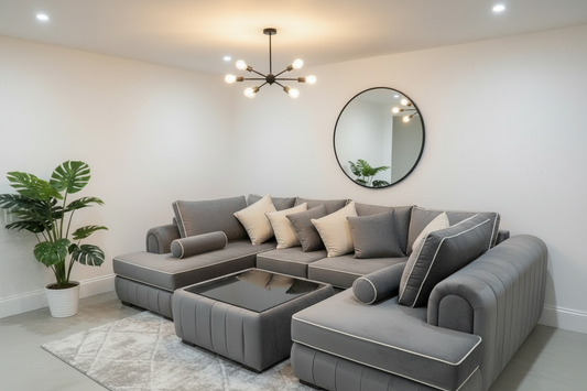 Lilly U Shape Sofa with Free Glass Coffee Table | Modern Velvet U Shaped Sofa with White Trims, Deep Cushioned Seating | Modern Living Room Furniture