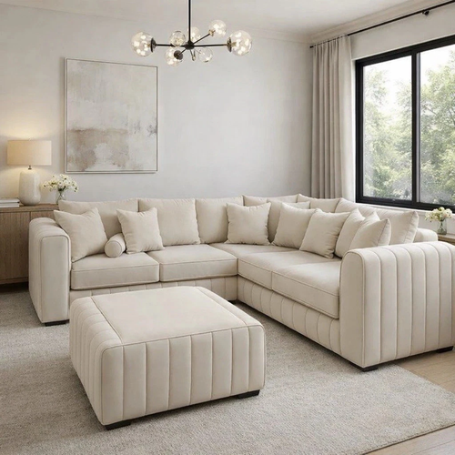 Lilly Corner Sofa Cream Plush Velvet With Matching Cushion & Footstool
